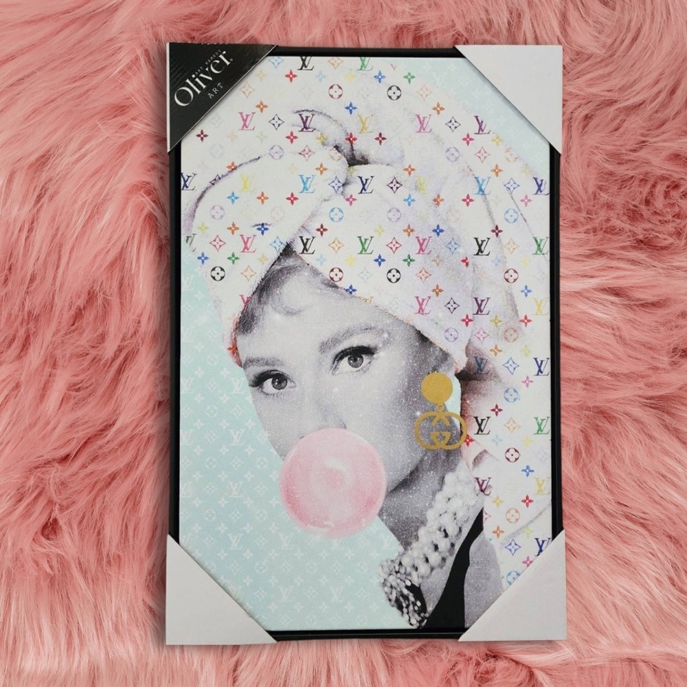 Oliver Gal Audrey Hepburn Louis Vuitton LV Bubblegum Wall Art Canvas Framed NEW